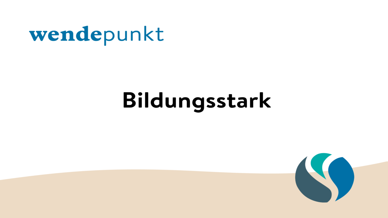 Grafik mit dem Logo „wendepunkt“ und dem Text „Bildungsstark“ auf weissem Hintergrund mit beigem Bogen und rundem, wendepunkt Logo unten rechts.